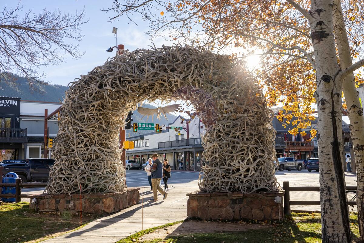 Elk-antler arch on the Jackson, Wyoming town square on a sunny fall day