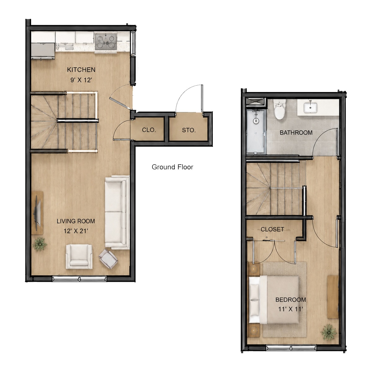 1 Bedroom / 1 Bathroom Duplex floor plan